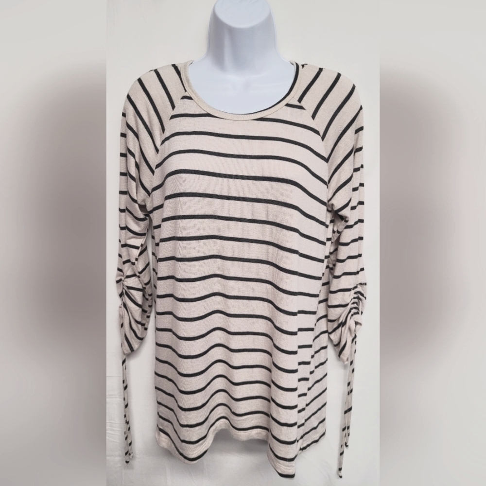 Olivia Blu M Stretch Knit Top Drawstring Sleeve Striped